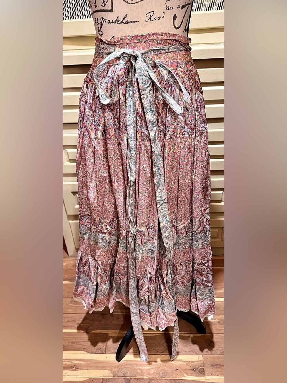 VTG Paris Workshop Paisley Floral Tiered Wrap Maxi Skirt Lace Adjustable Belt